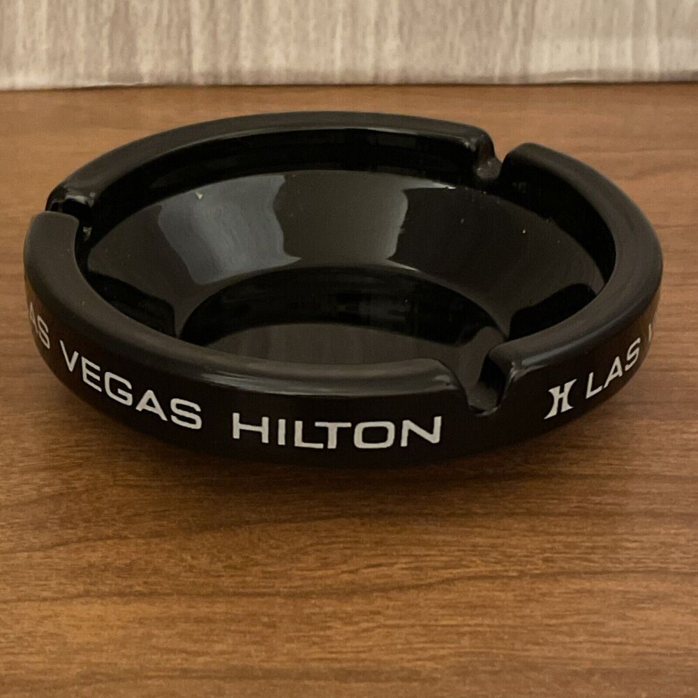 Vintage Las Vegas Hilton Hotel Ashtray Casino Black Glass for Cigarettes 1970s - Picture 3 of 7